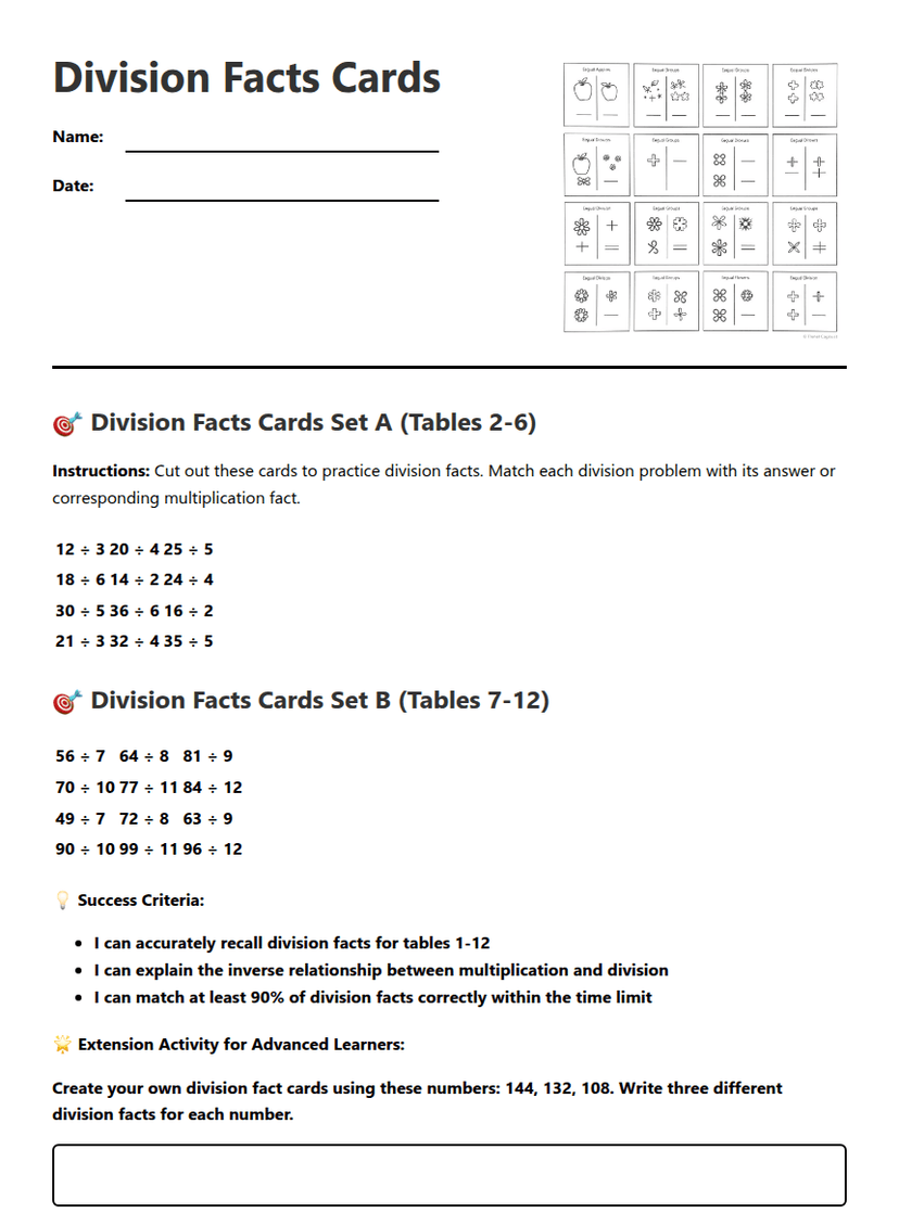 Division Facts Cards