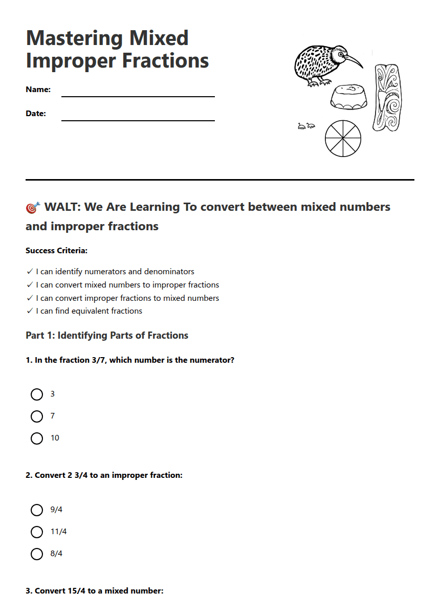 Mastering Mixed Improper Fractions worksheet preview
