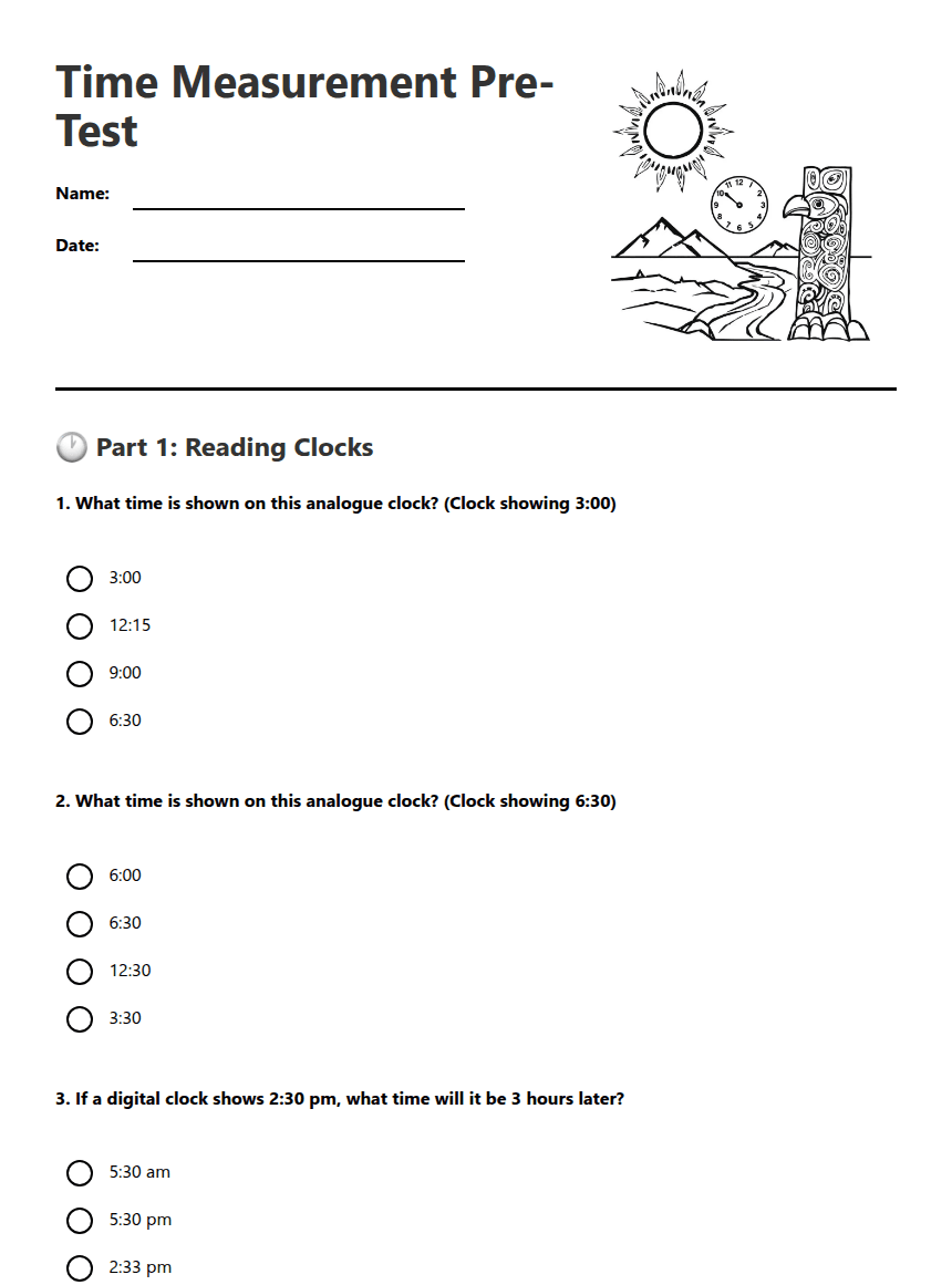 Time Measurement Pre-Test worksheet preview