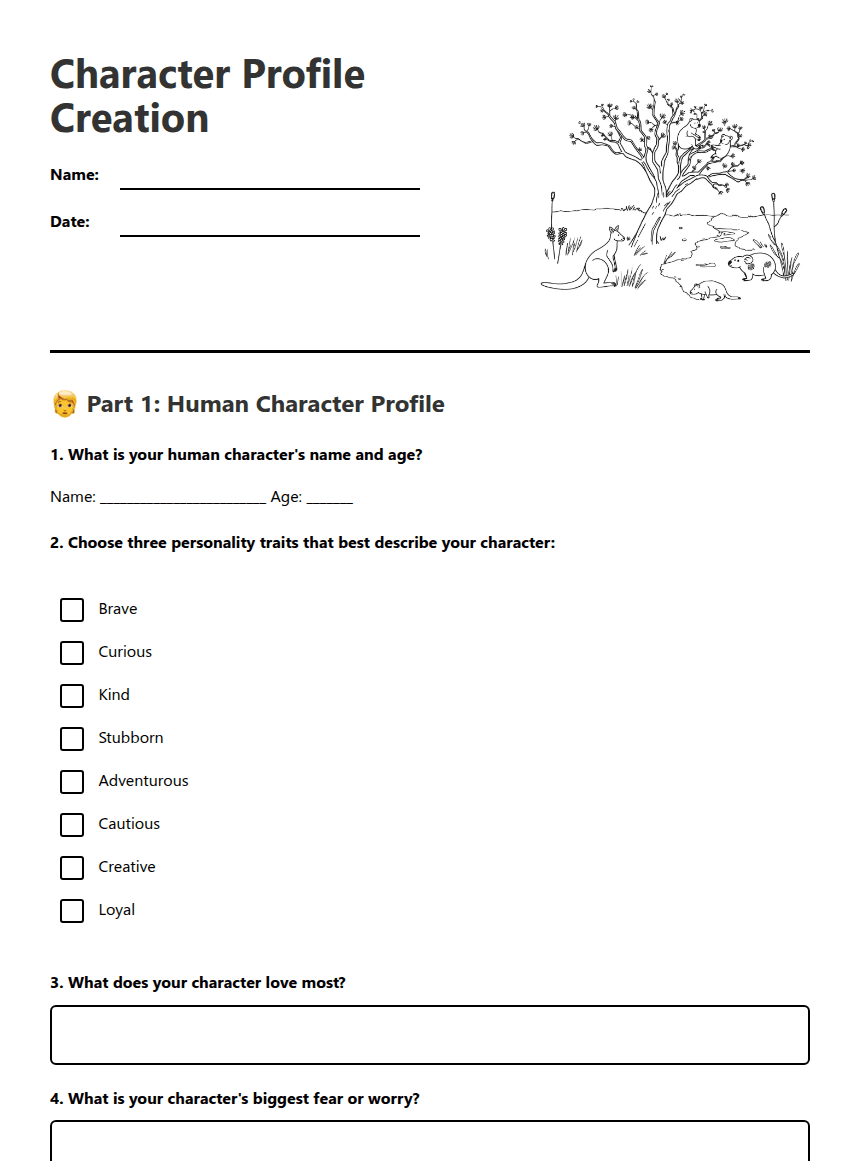 Character Profile Creation worksheet preview
