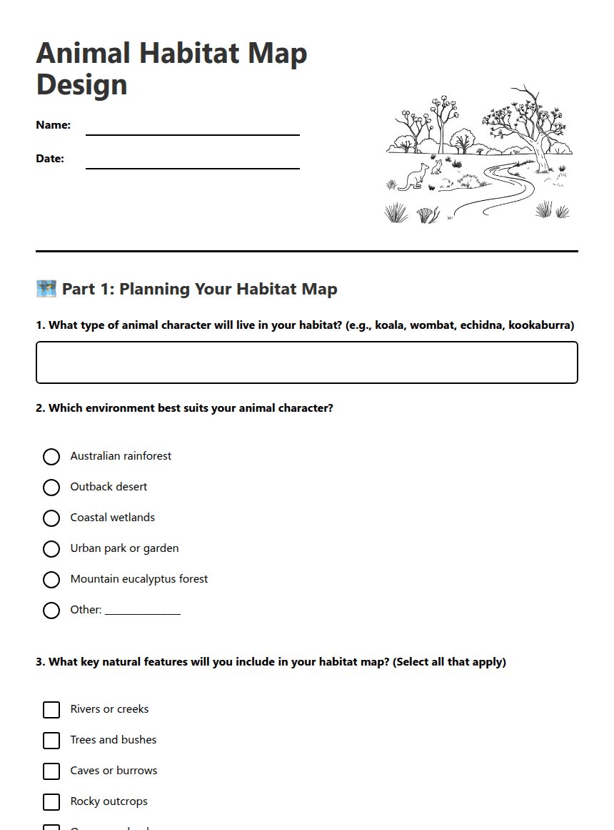 Animal Habitat Map Design worksheet preview