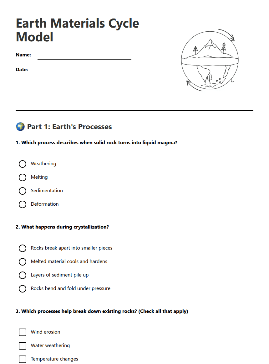 Earth Materials Cycle Model worksheet preview