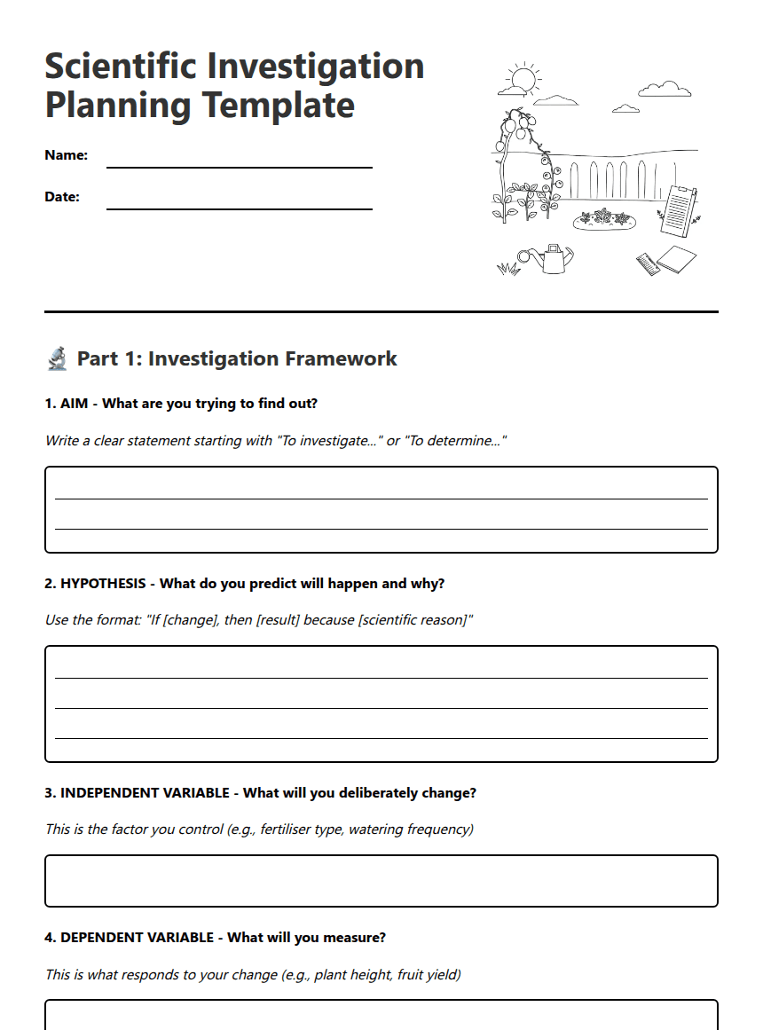 Scientific Investigation Planning Template worksheet preview