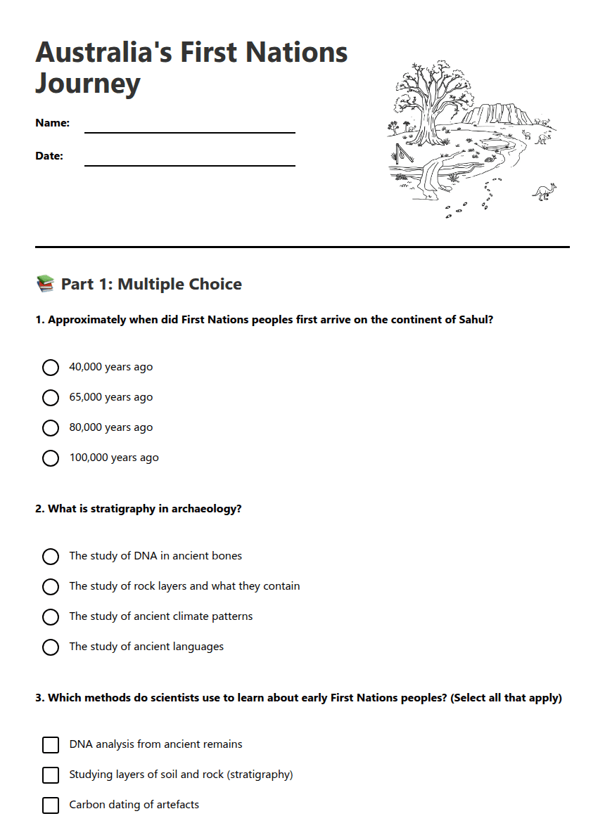 Australia's First Nations Journey worksheet preview