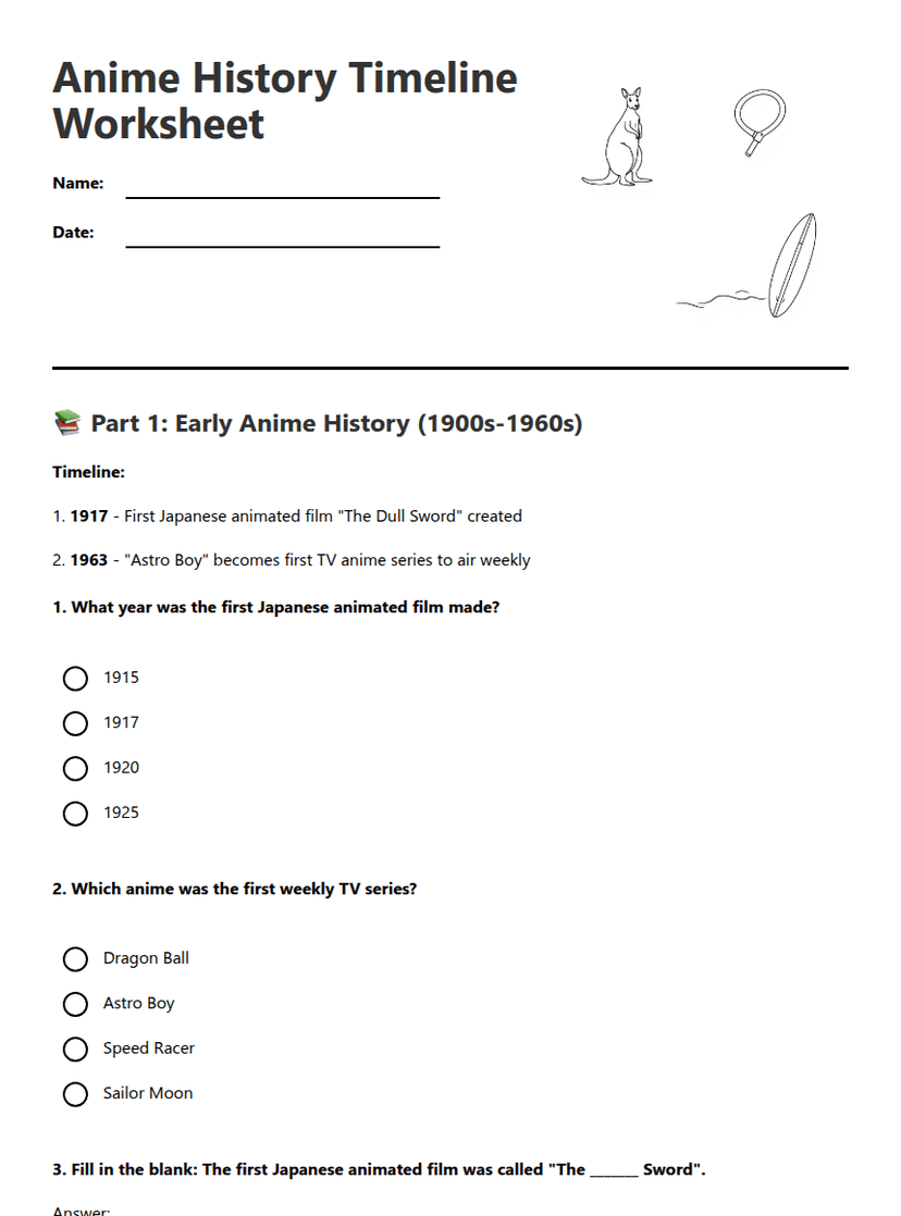 Anime History Timeline Worksheet
