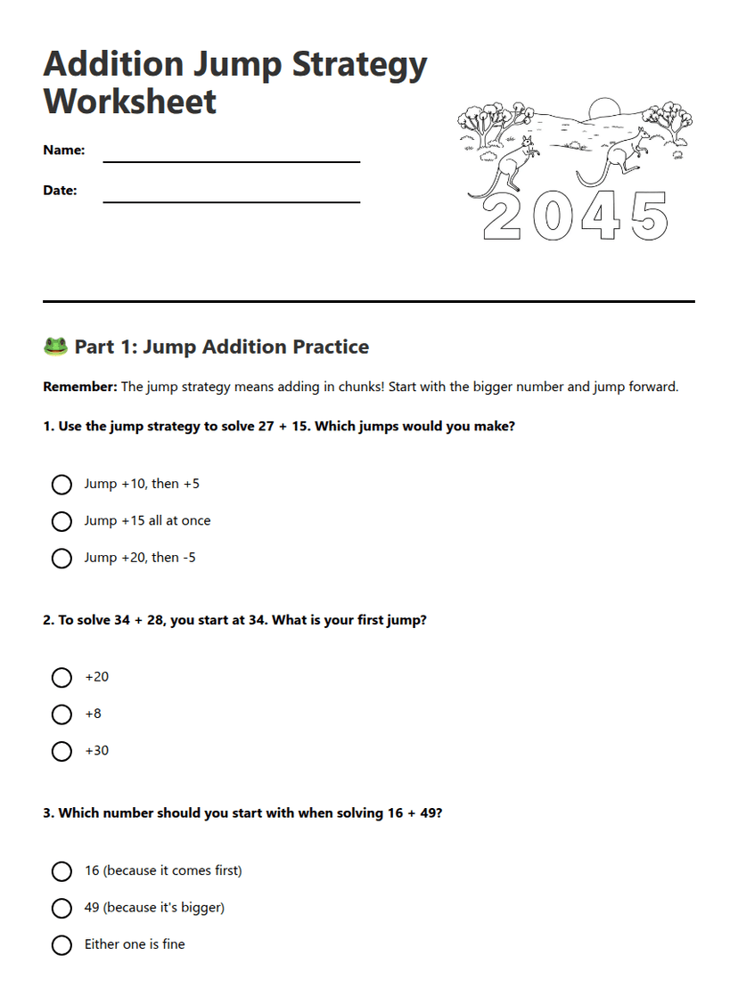 Addition Jump Strategy Worksheet