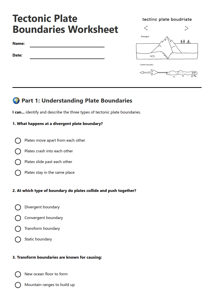 Tectonic Plate Boundaries Worksheet worksheet preview
