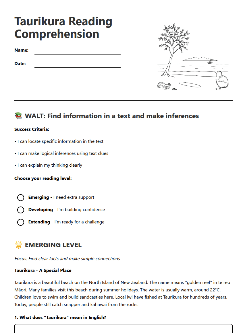 Taurikura Reading Comprehension worksheet preview