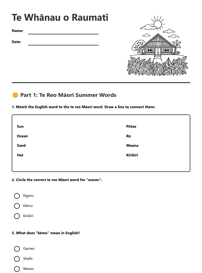 Te Whānau o Raumati worksheet preview