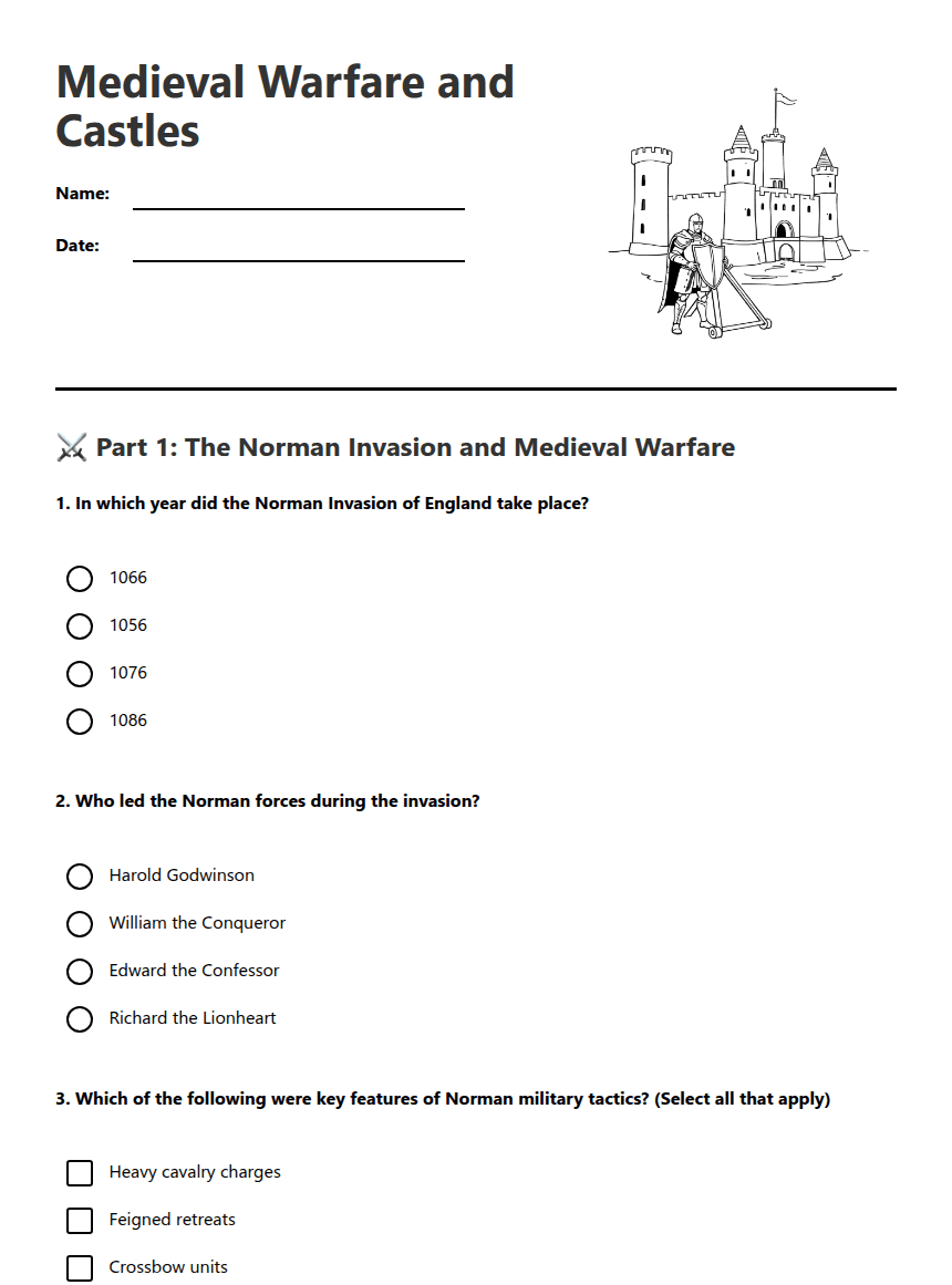 Medieval Warfare and Castles worksheet preview