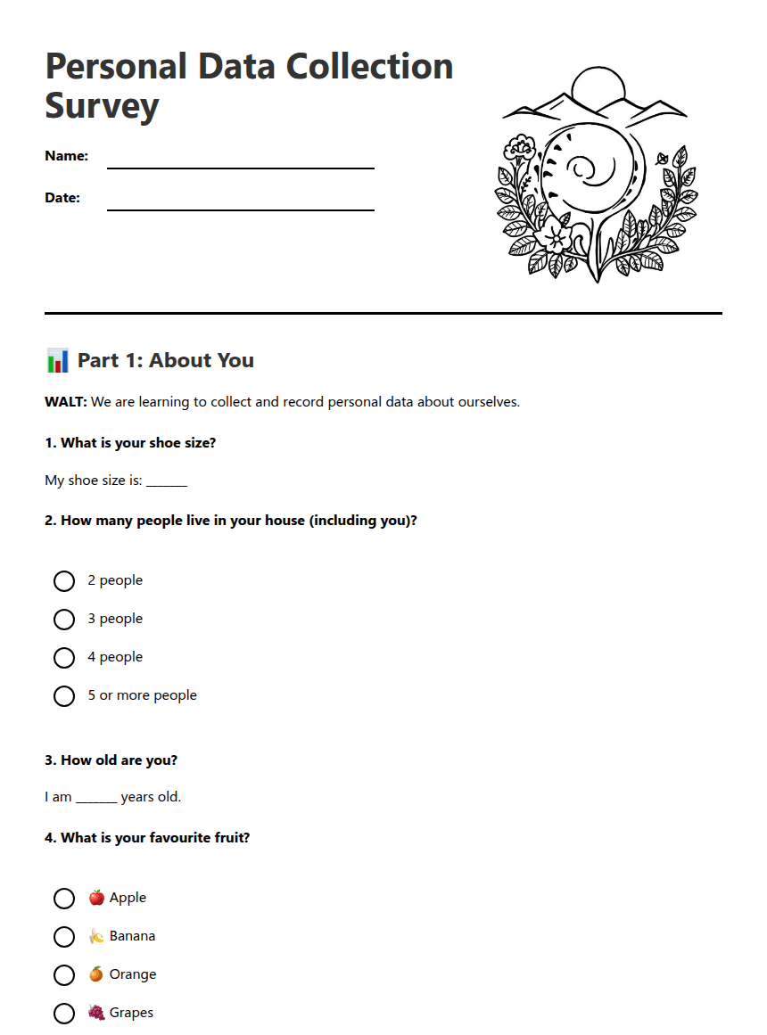 Personal Data Collection Survey worksheet preview