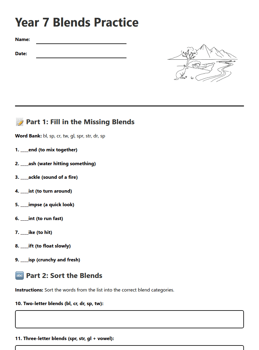 Year 7 Blends Practice worksheet preview