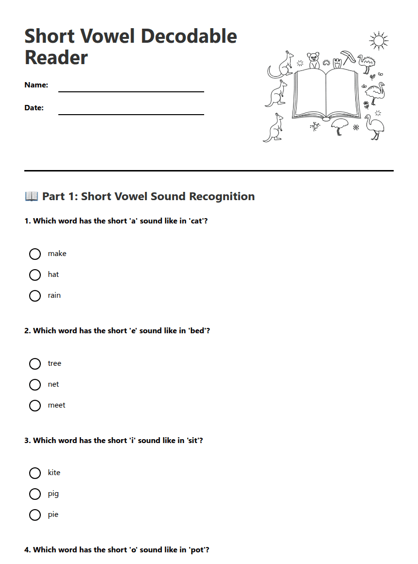 Short Vowel Decodable Reader worksheet preview