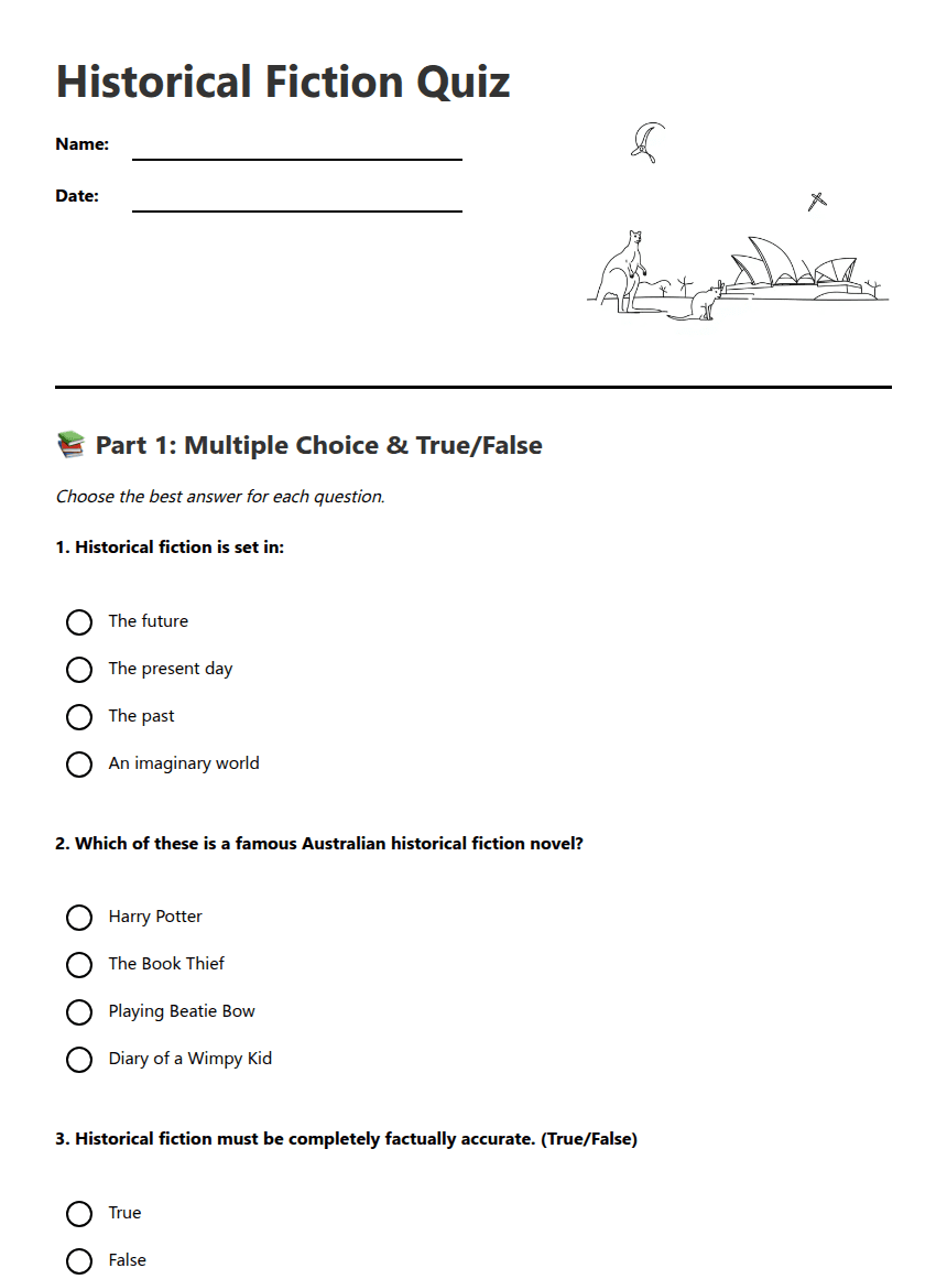 Historical Fiction Quiz worksheet preview