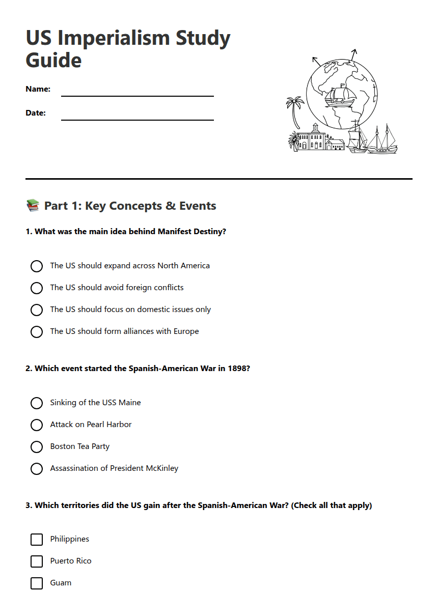 US Imperialism Study Guide worksheet preview