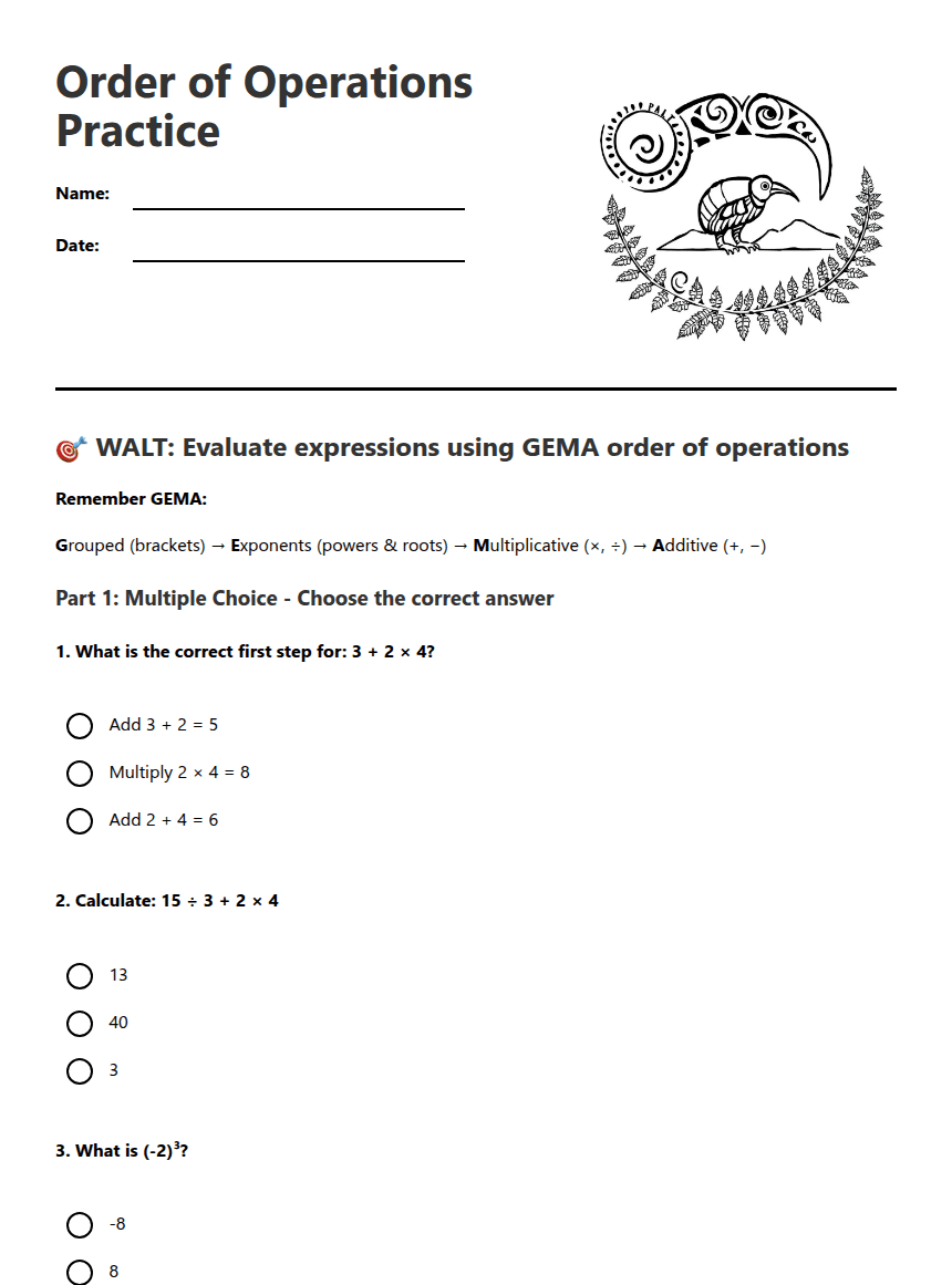 Order of Operations Practice worksheet preview