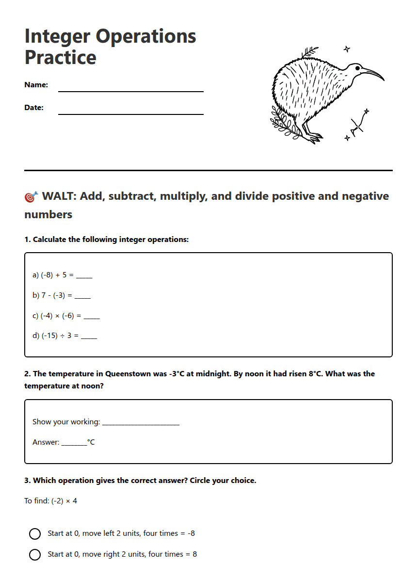 Integer Operations Practice worksheet preview