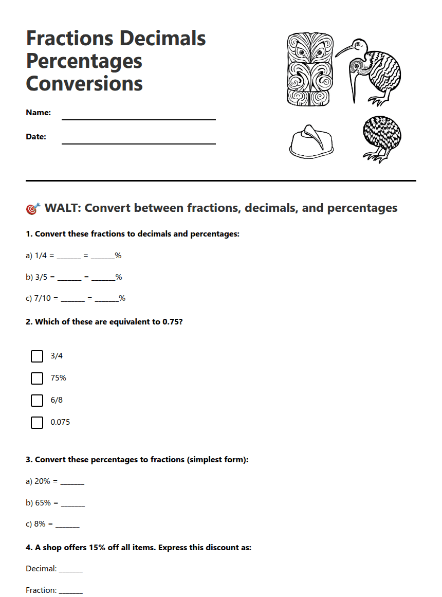Fractions Decimals Percentages Conversions worksheet preview