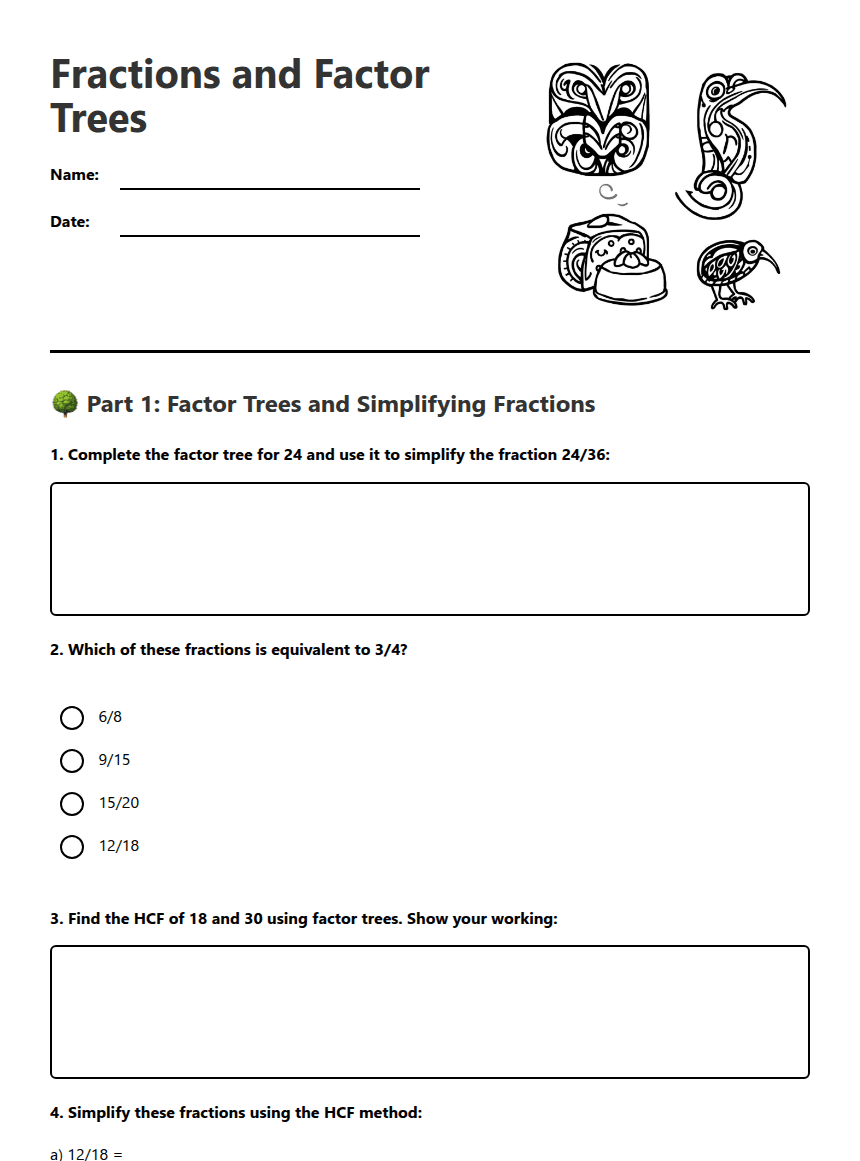 Fractions and Factor Trees worksheet preview