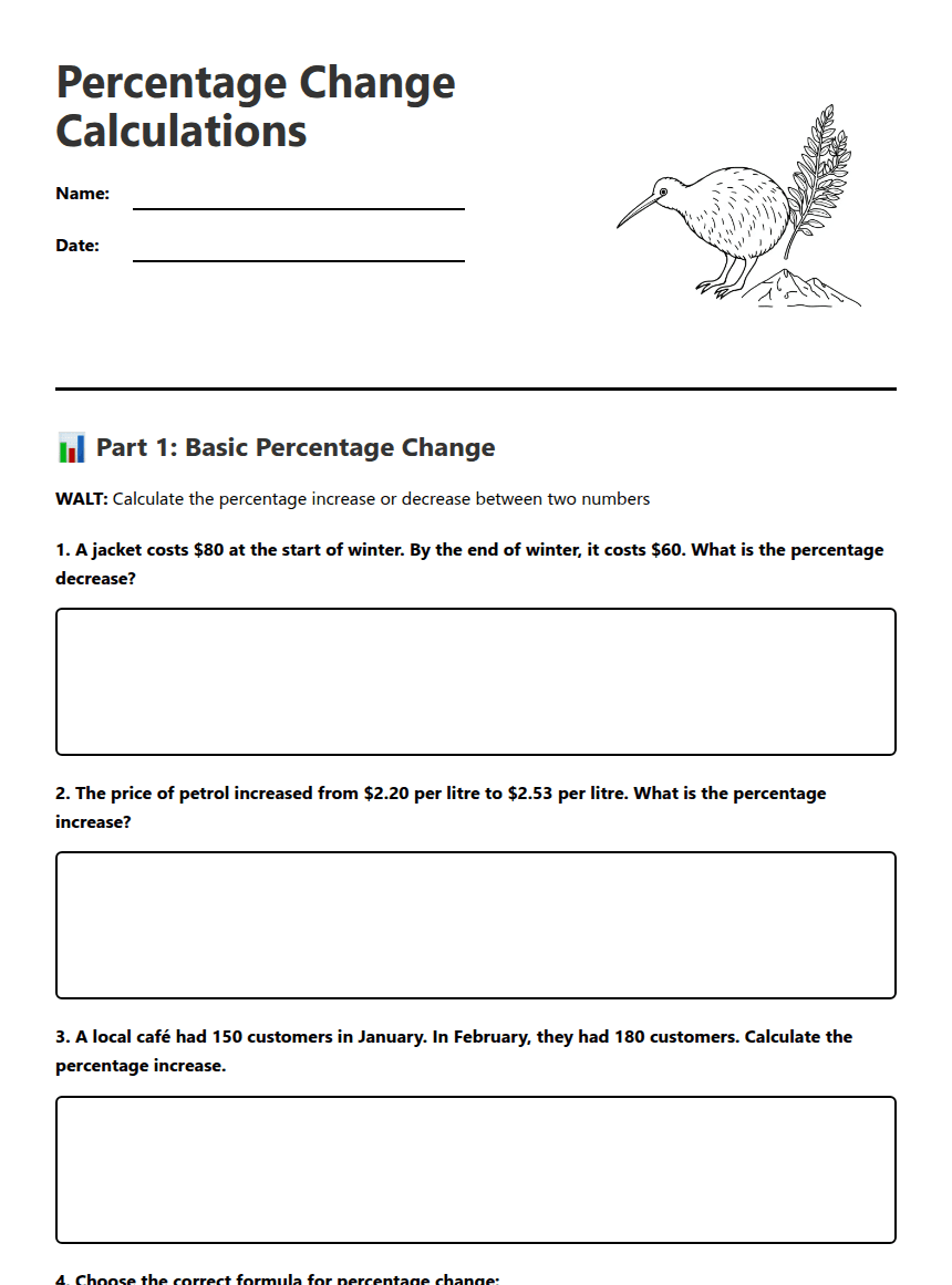 Percentage Change Calculations worksheet preview