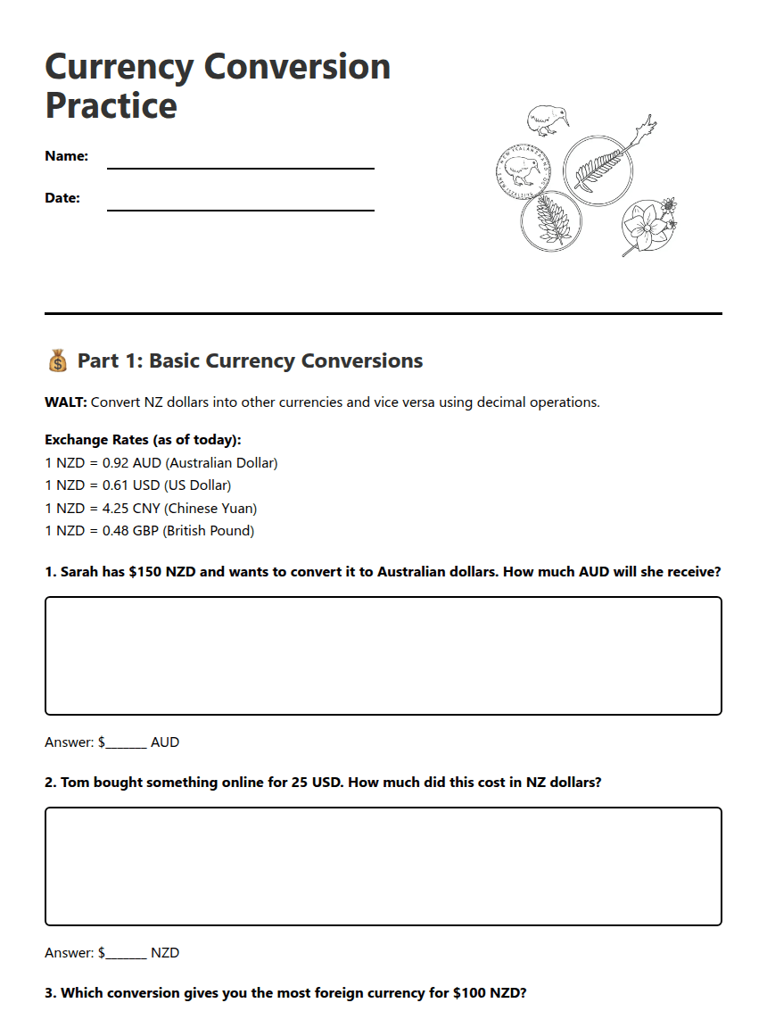 Currency Conversion Practice worksheet preview