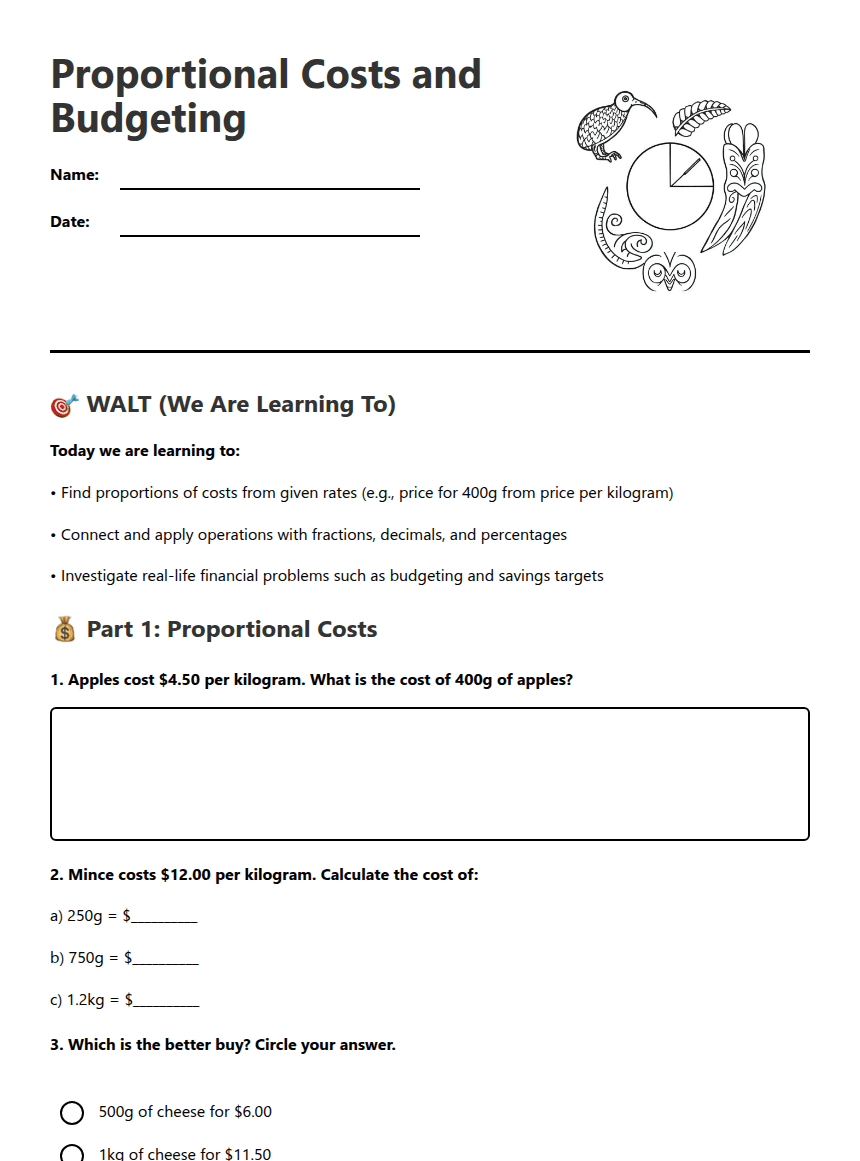 Proportional Costs and Budgeting worksheet preview
