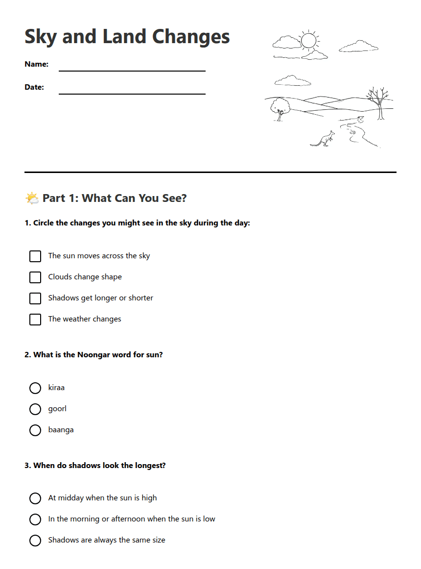 Sky and Land Changes worksheet preview