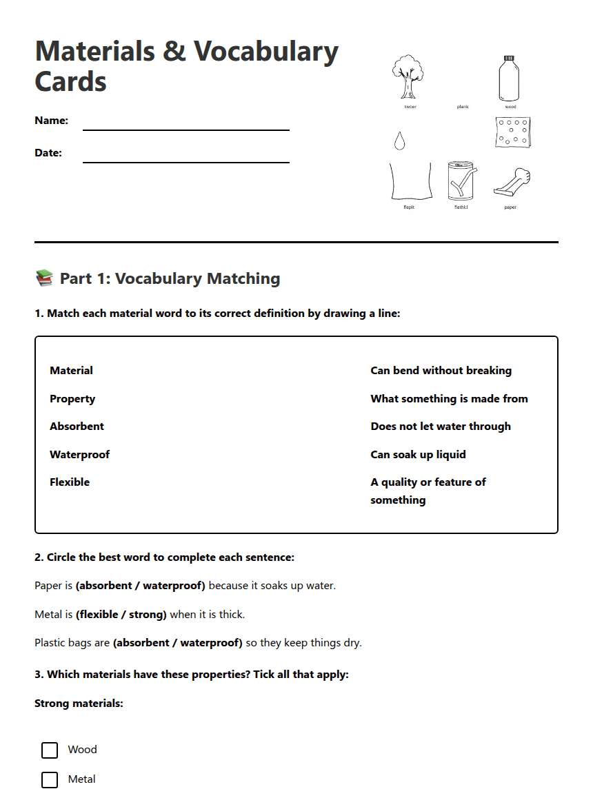 Materials & Vocabulary Cards worksheet preview