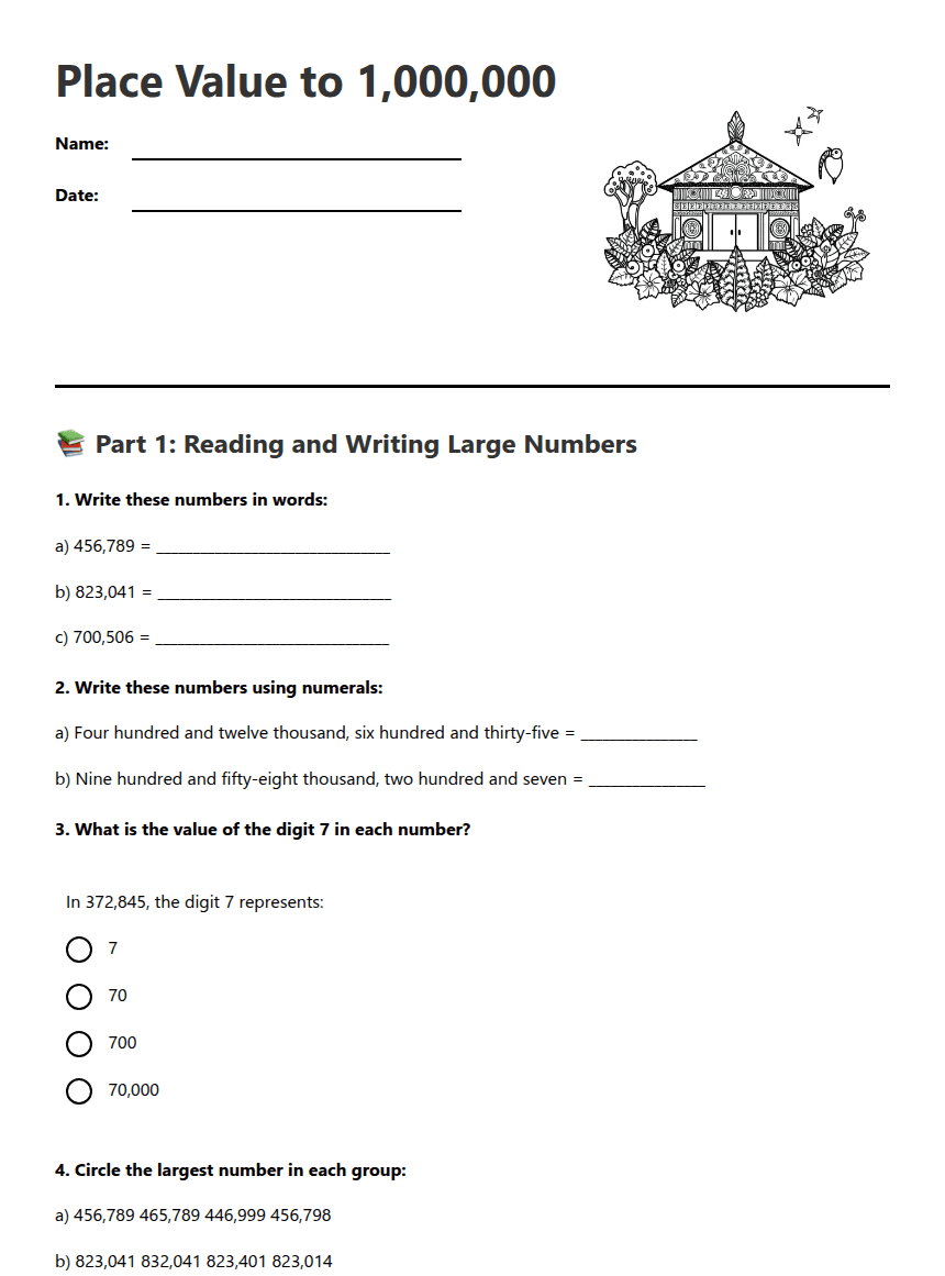 Place Value to 1,000,000 worksheet preview