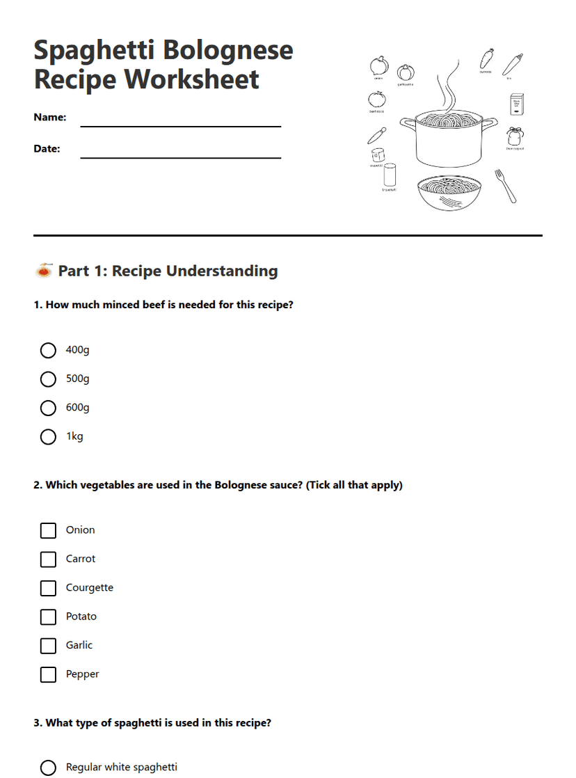 Spaghetti Bolognese Recipe Worksheet