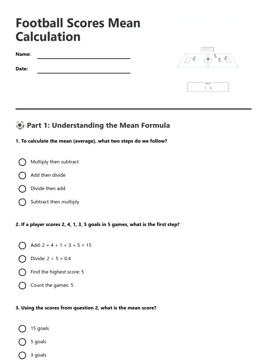 Football Scores Mean Calculation worksheet preview