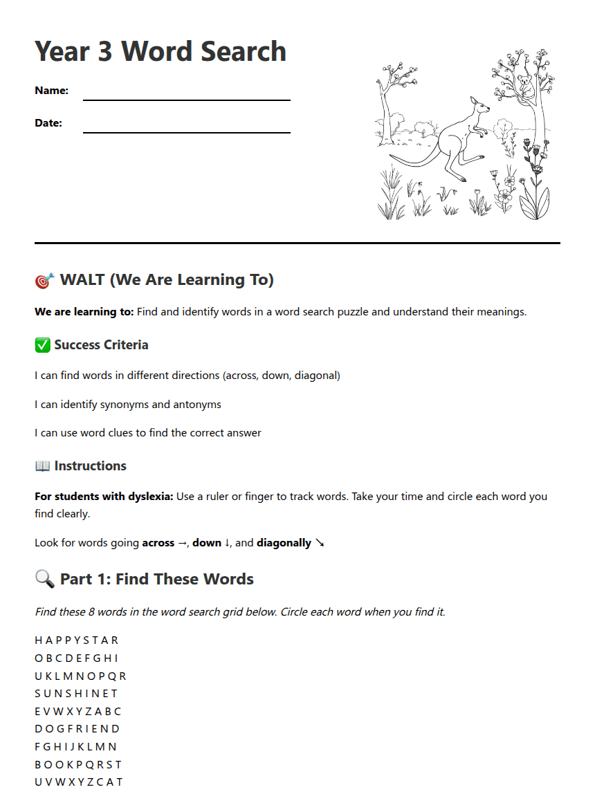 Year 3 Word Search worksheet preview