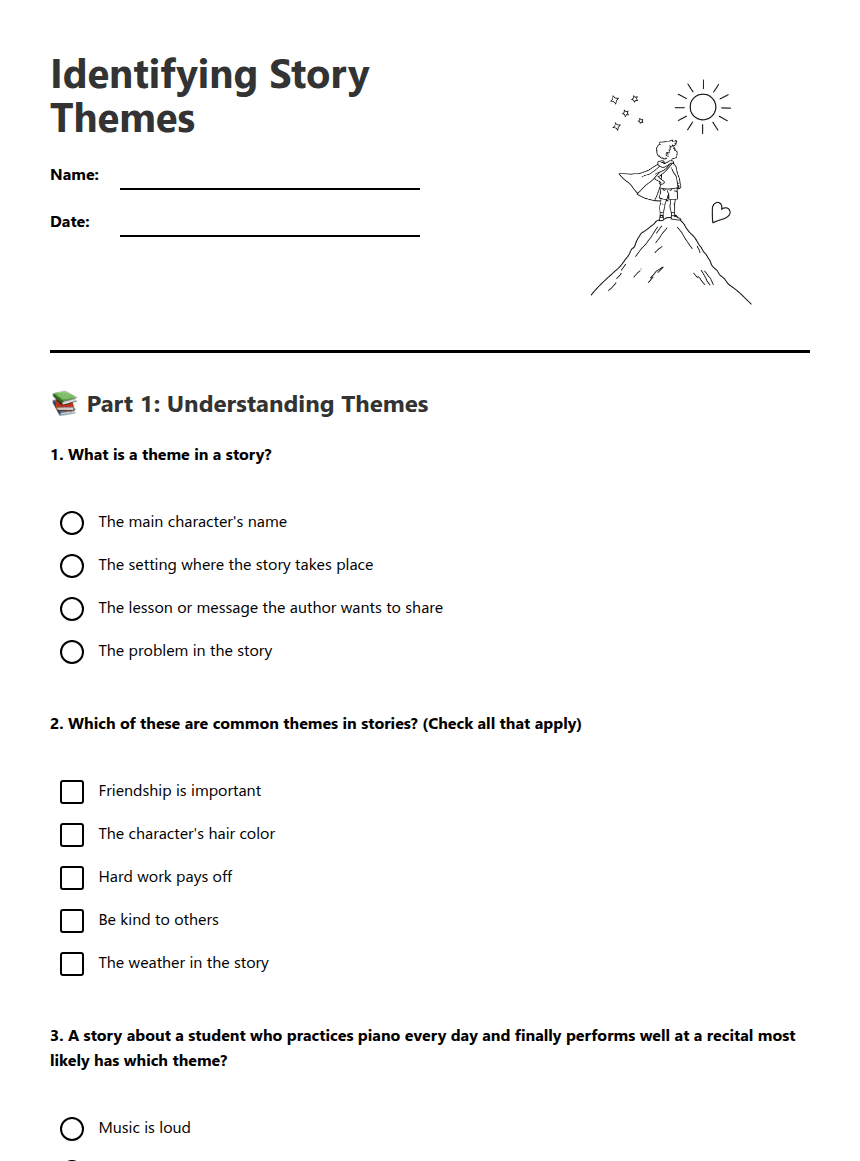 Identifying Story Themes worksheet preview