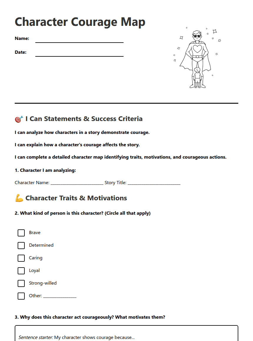 Character Courage Map worksheet preview