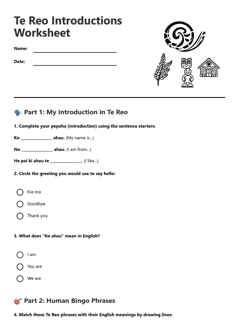 Te Reo Introductions Worksheet