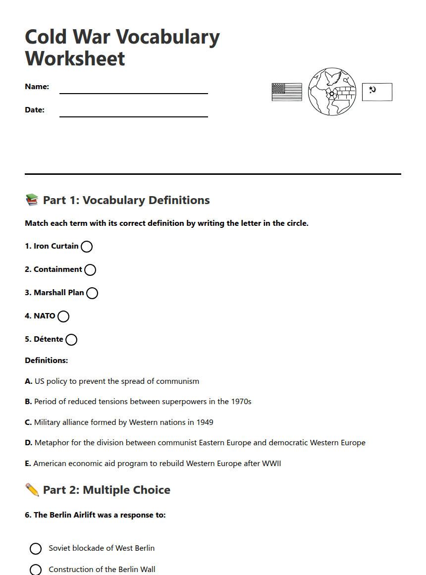 Cold War Vocabulary Worksheet worksheet preview