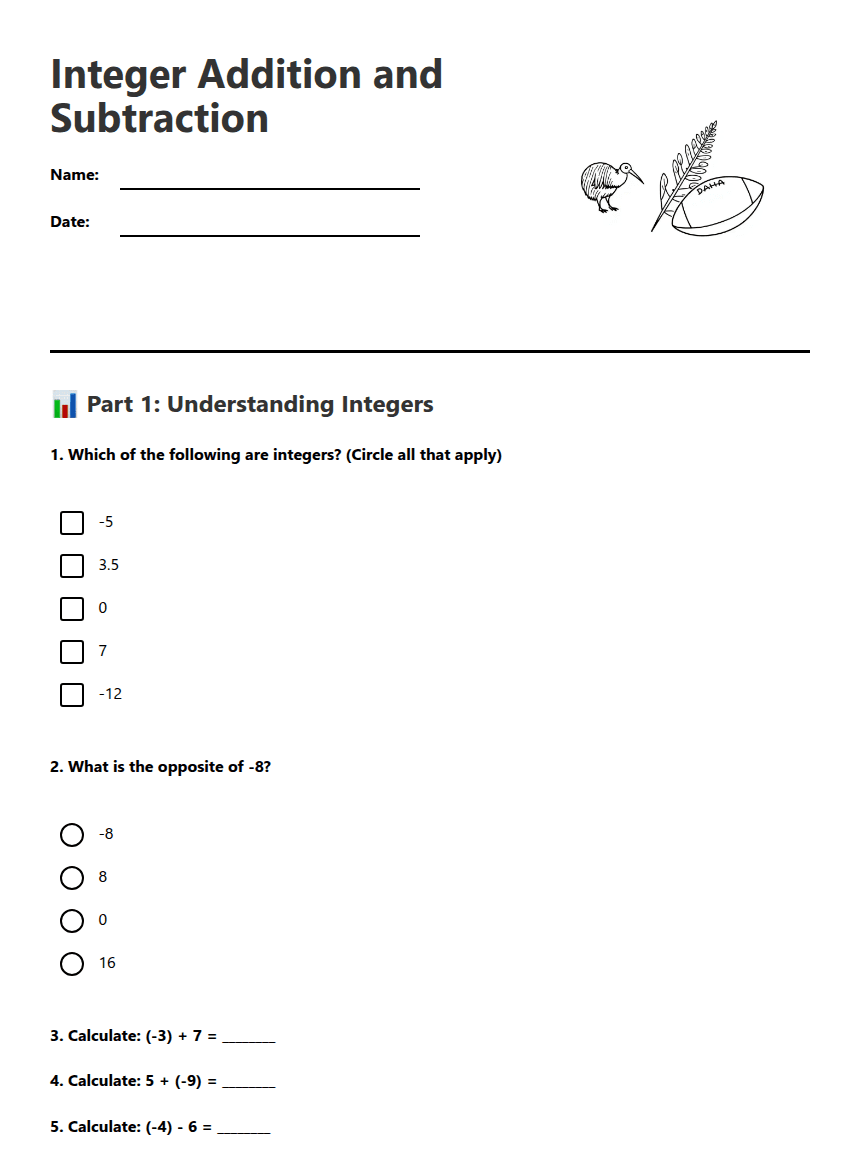 Integer Addition and Subtraction worksheet preview