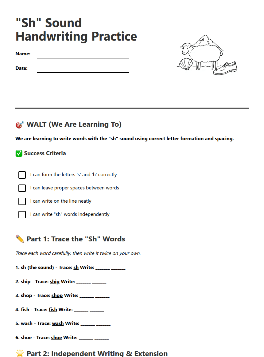 "Sh" Sound Handwriting Practice worksheet preview