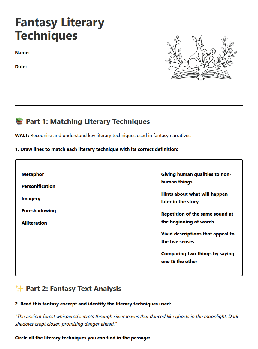 Fantasy Literary Techniques worksheet preview