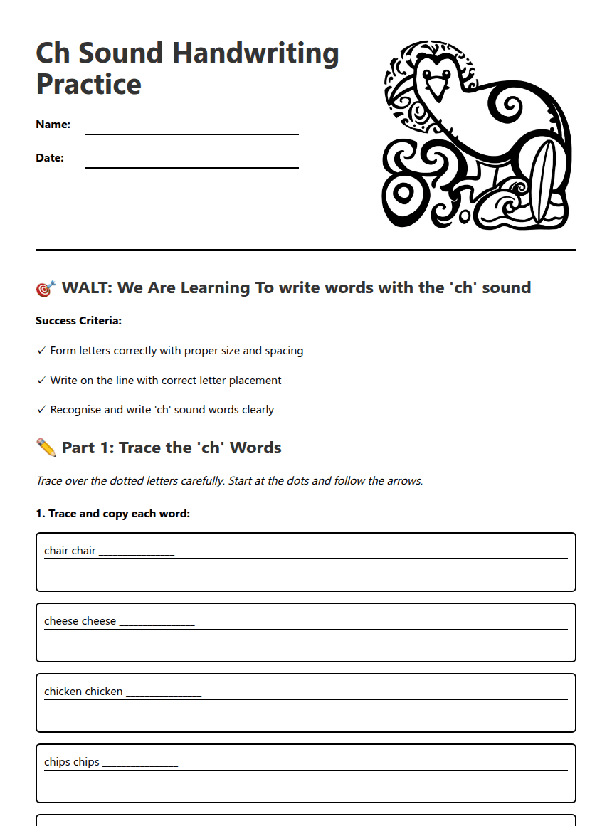 Ch Sound Handwriting Practice worksheet preview