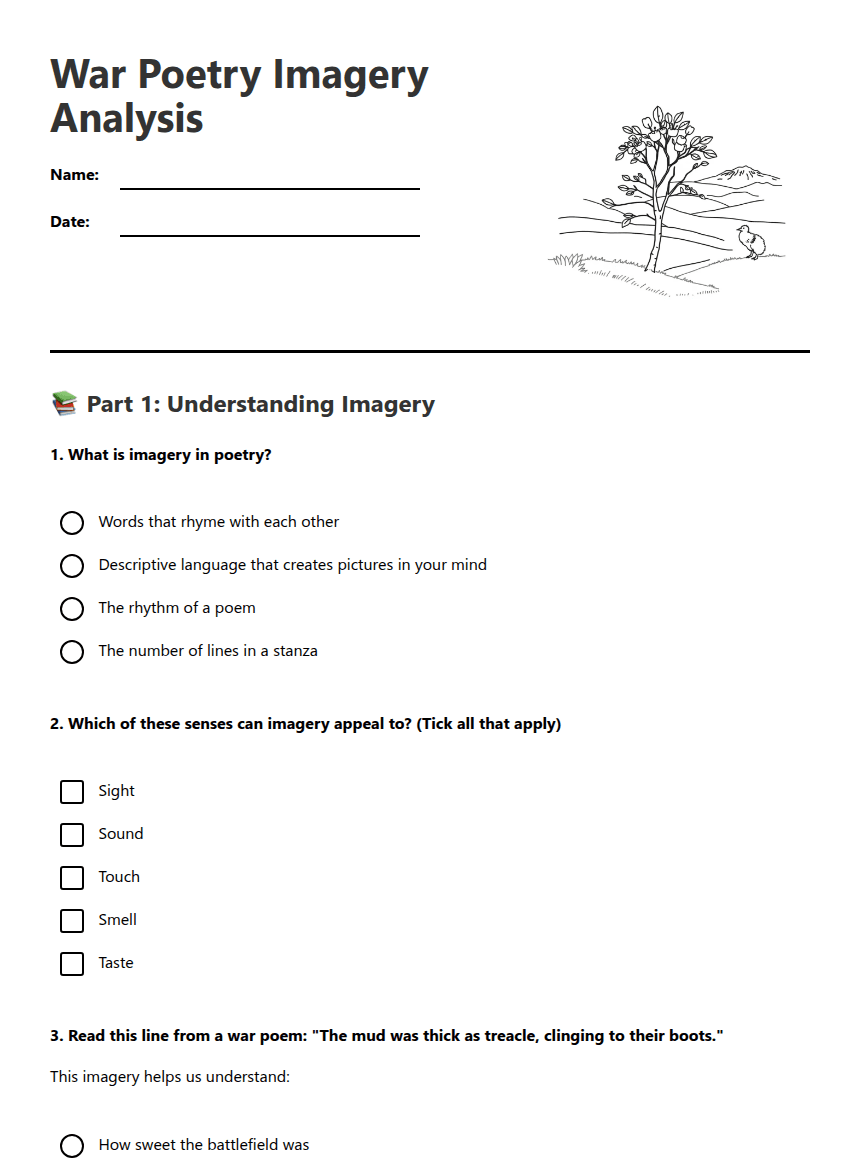 War Poetry Imagery Analysis worksheet preview