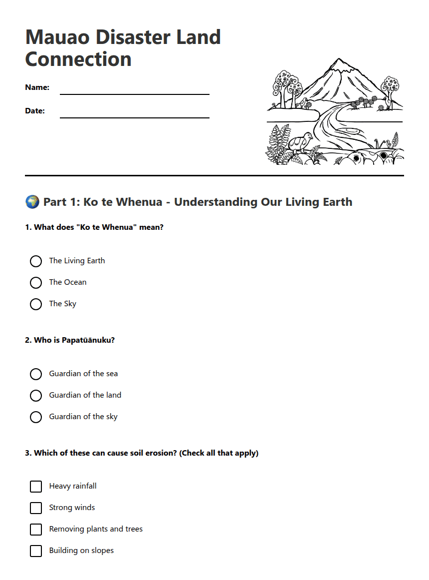 Mauao Disaster Land Connection worksheet preview