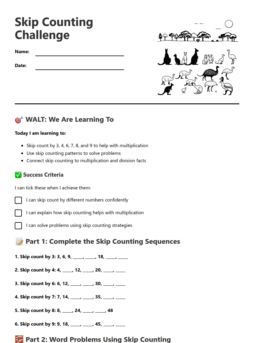 Skip Counting Challenge worksheet preview