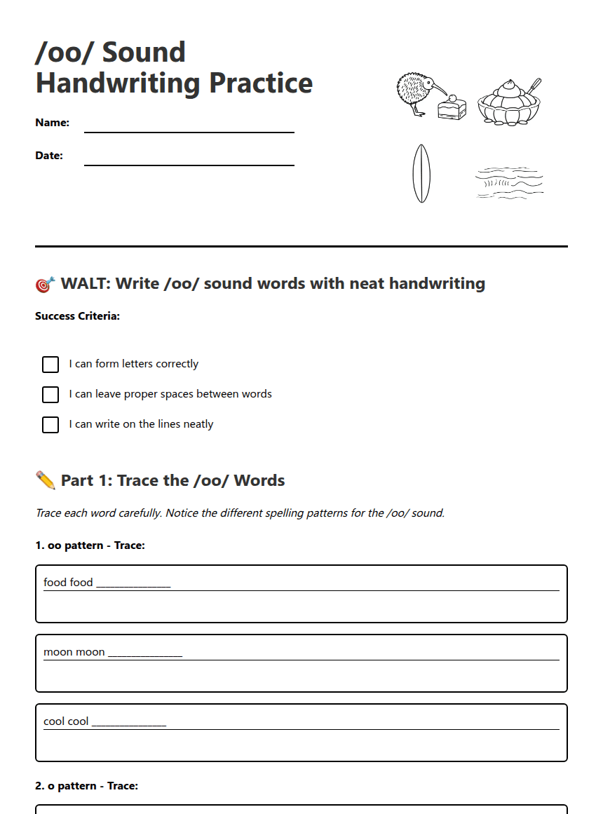 /oo/ Sound Handwriting Practice worksheet preview