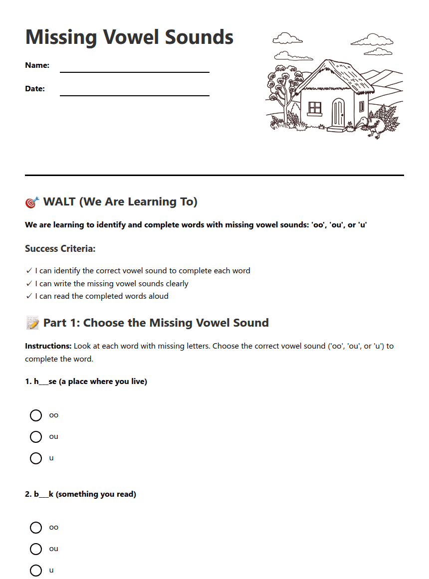 Missing Vowel Sounds worksheet preview