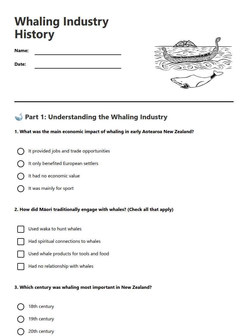Whaling Industry History worksheet preview