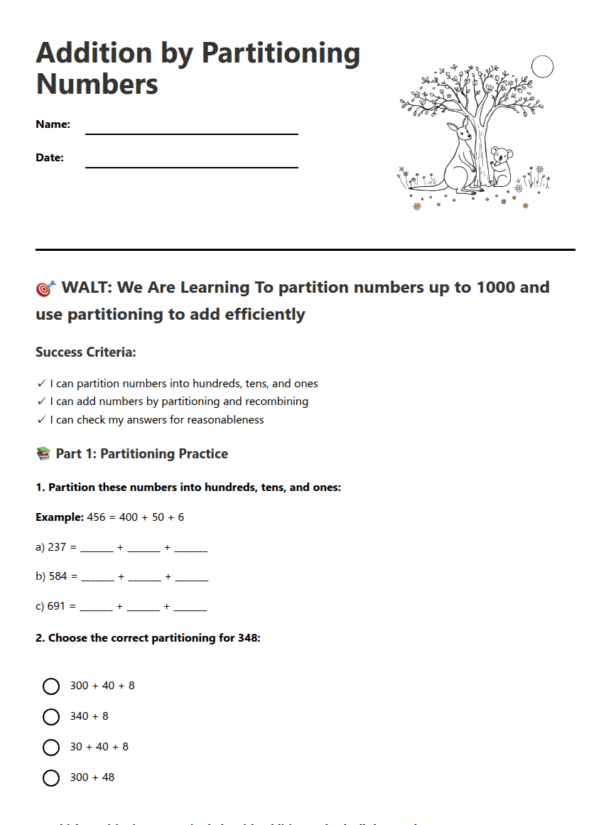Addition by Partitioning Numbers worksheet preview