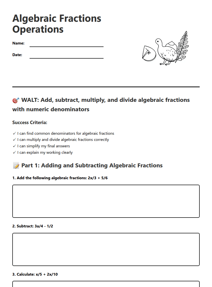 Algebraic Fractions Operations worksheet preview