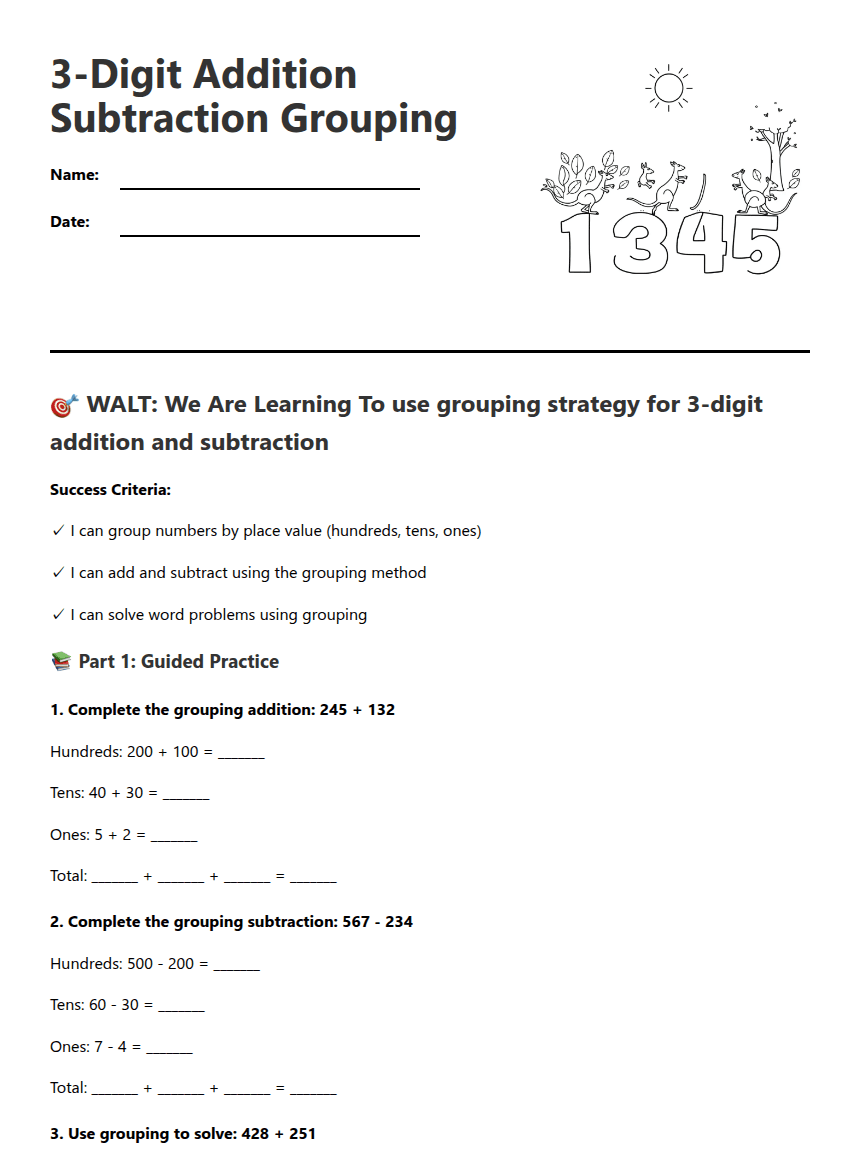 3-Digit Addition Subtraction Grouping worksheet preview