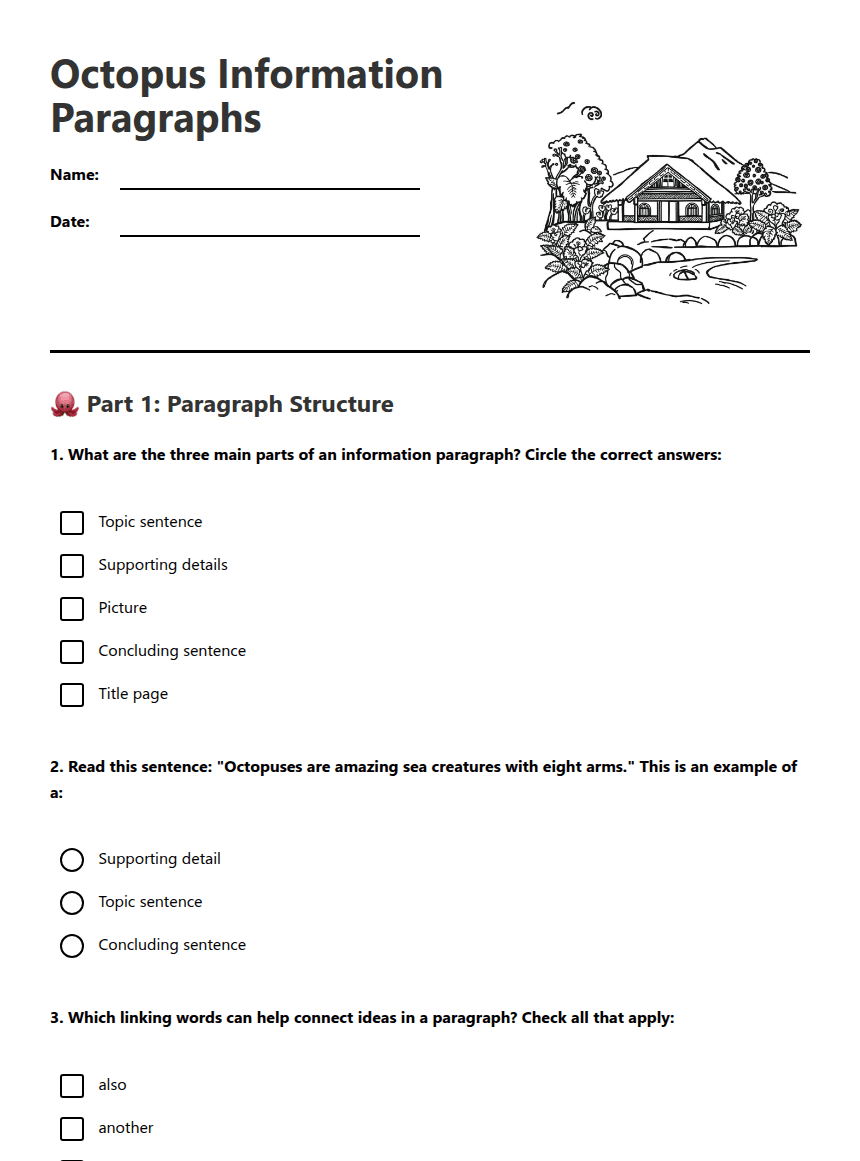 Octopus Information Paragraphs worksheet preview